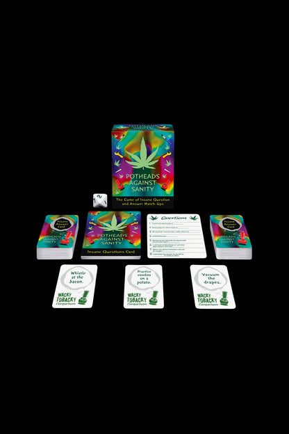 Top-down view of the Potheads Against Sanity Game box and colorful card piles arranged on a black background.