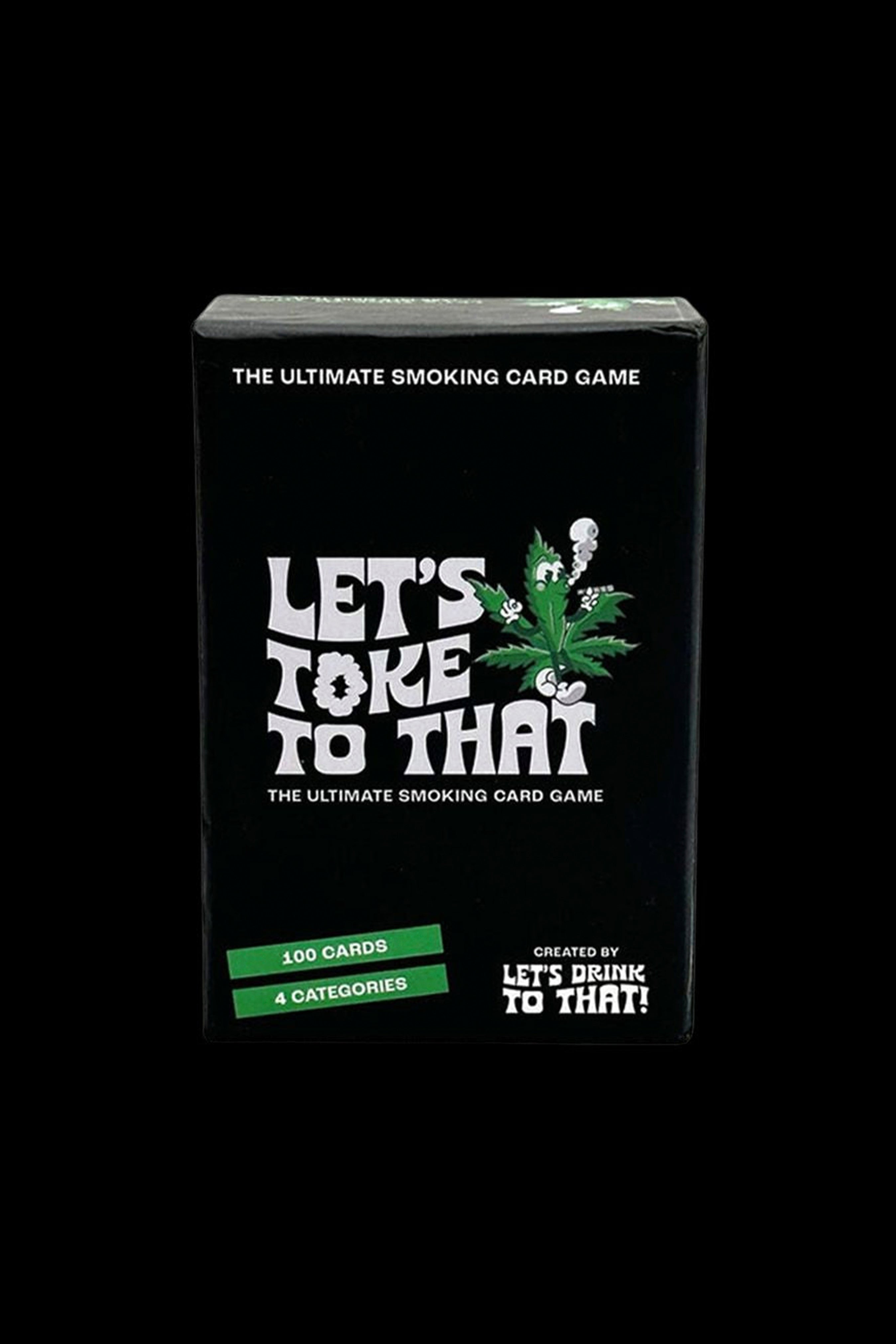 Box for “Let’s Toke to That,” a cannabis-themed card game, with a marijuana leaf illustration and text indicating 100 cards across four categories.