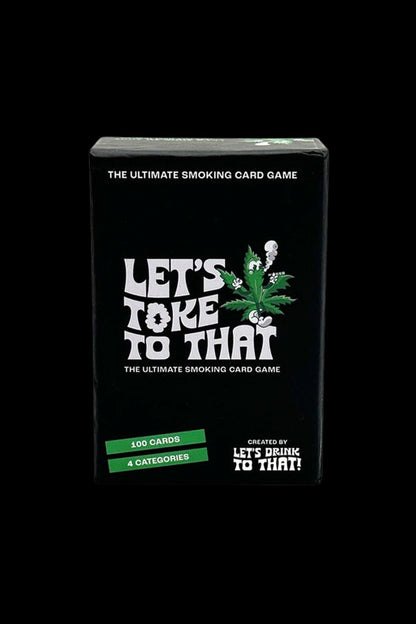 Box for “Let’s Toke to That,” a cannabis-themed card game, with a marijuana leaf illustration and text indicating 100 cards across four categories.