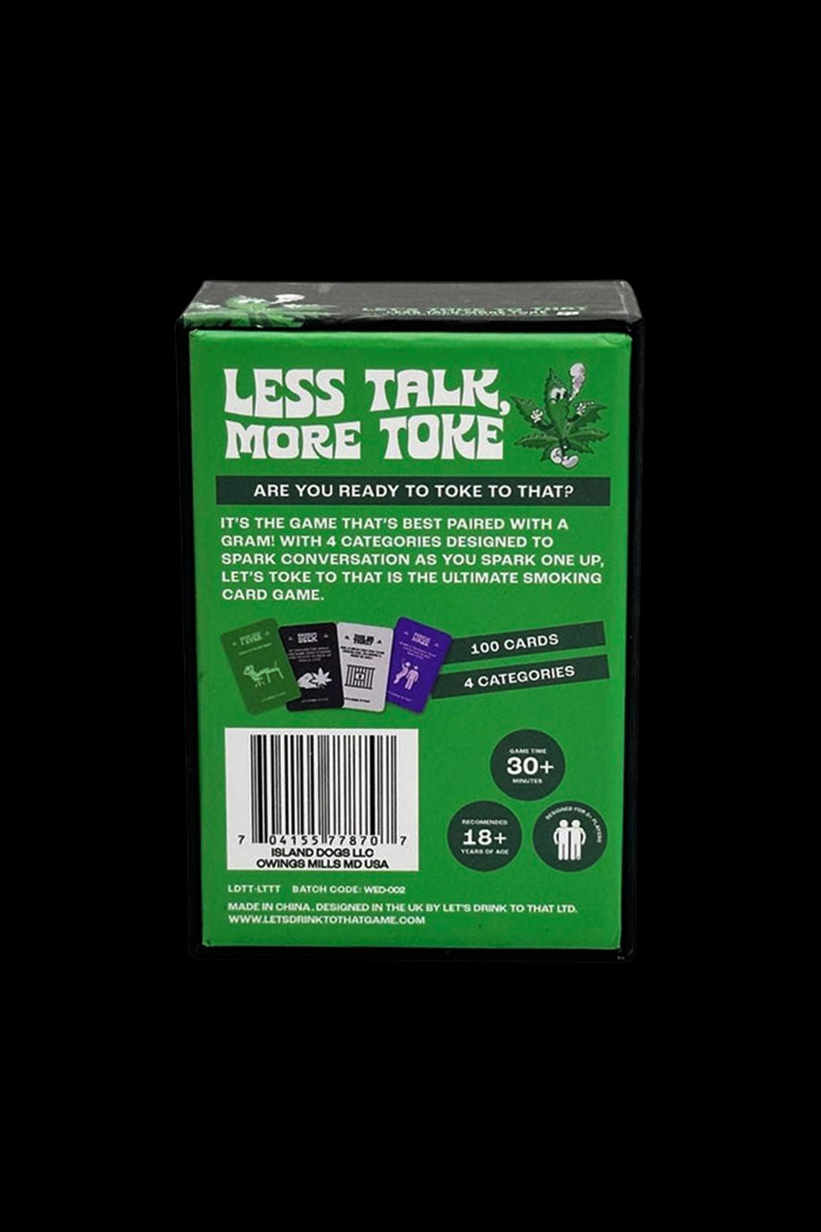 Close-up of a green and white box for the card game "Less Talk, More Toke," marketed as a conversation starter for cannabis users, with details about 100 cards, 4 categories, and a 30+ minute playtime, with an 18+ age recommendation.