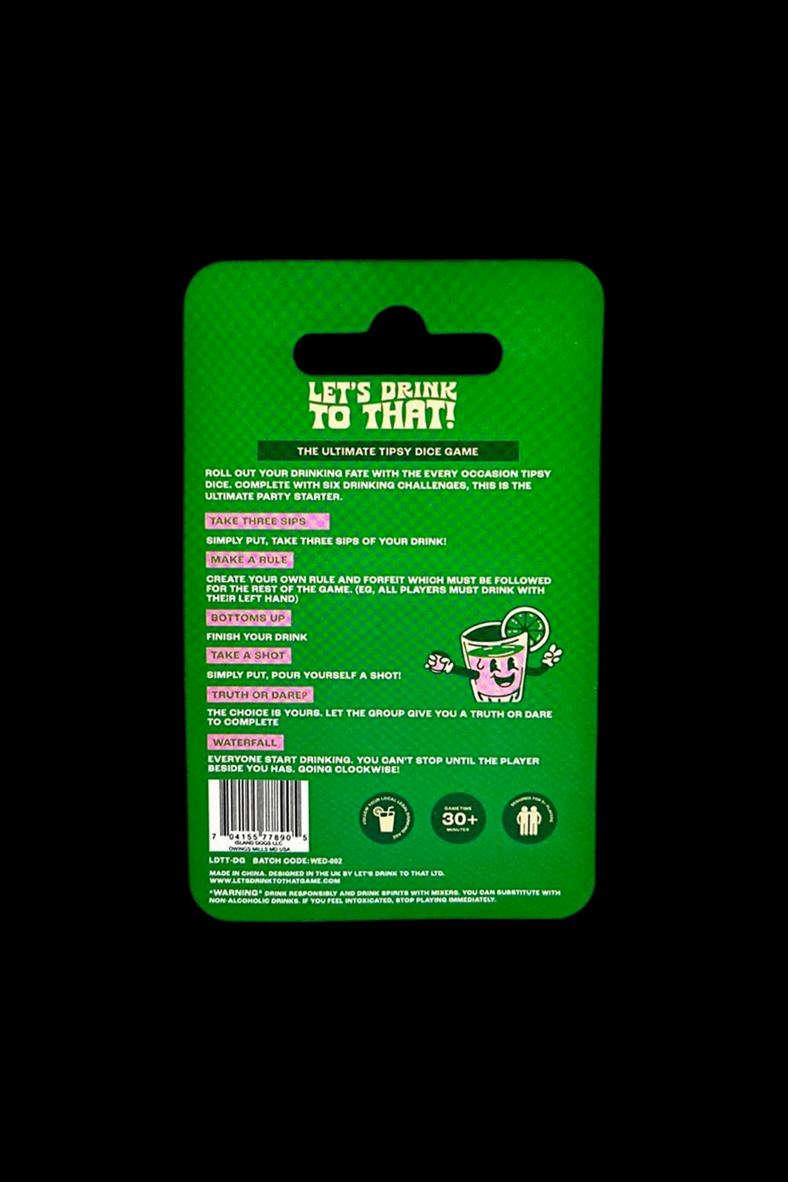 Close-up of a black and green game box labeled "Let's Drink to That!", featuring instructions for a drinking game and a cartoon cannabis leaf wearing sunglasses. The box includes a 30+ age restriction and a disclaimer about responsible alcohol consumption.