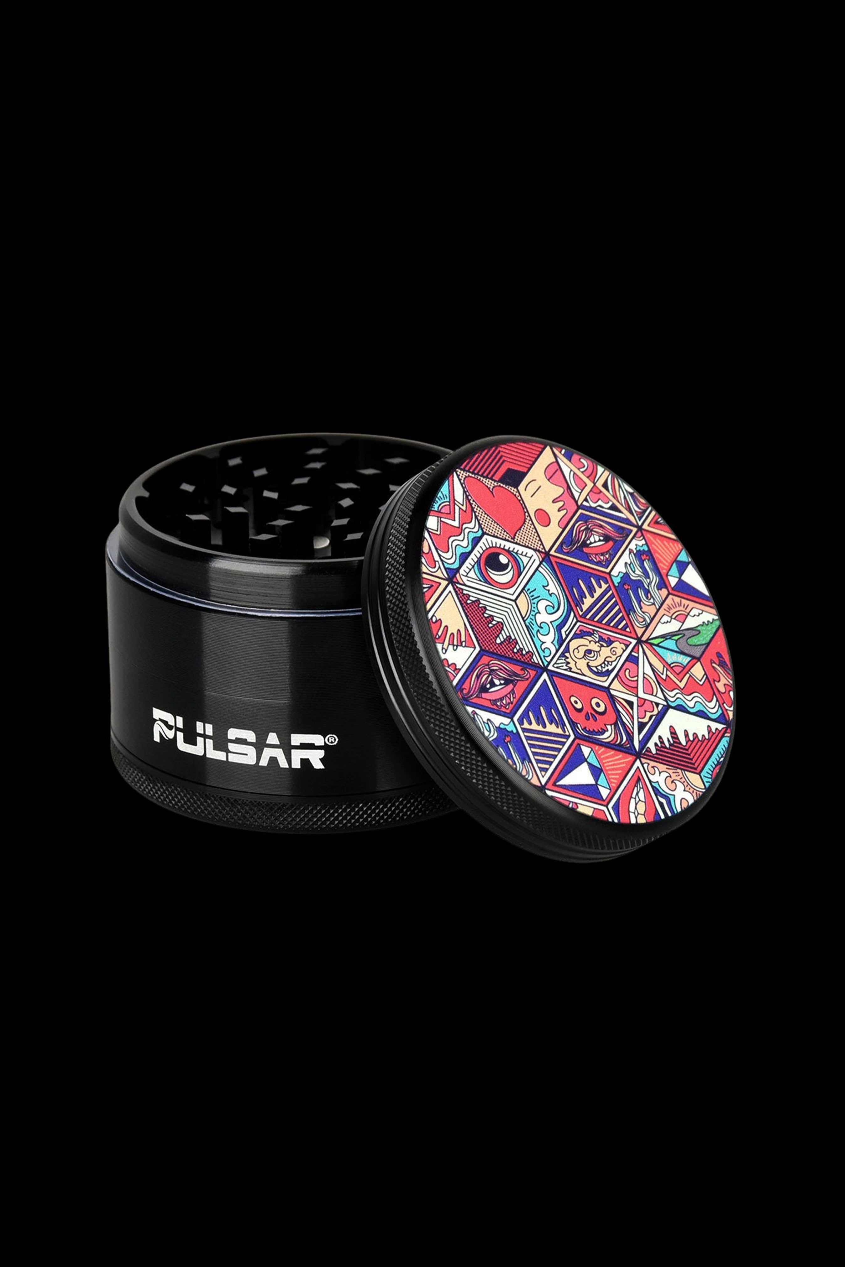 Black Pulsar grinder with a patterned lid, partially open, on a black background.
