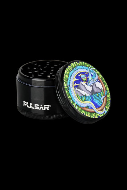 Black Pulsar grinder with an artistic, colorful lid featuring a celestial and botanical design.