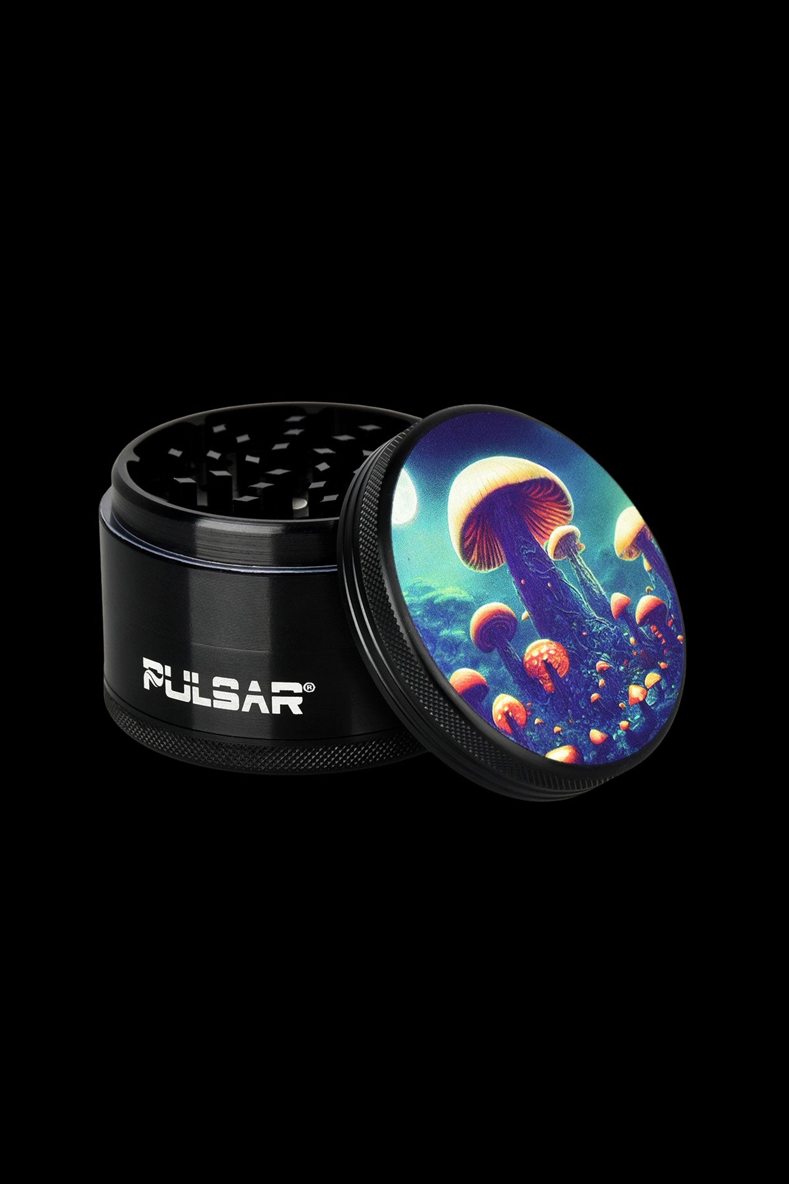 Black metal grinder with a vibrant, psychedelic mushroom design on the lid, branded "Pulsar".