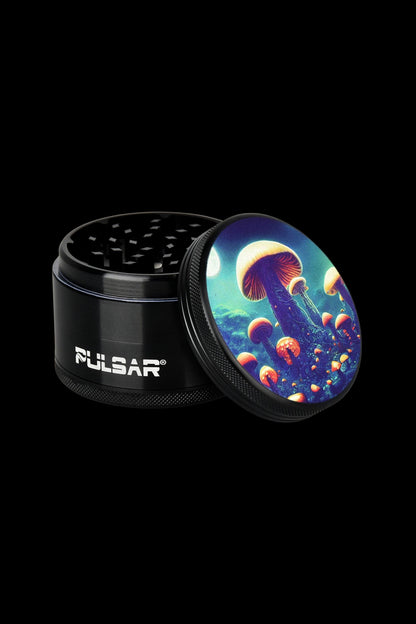 Black metal grinder with a vibrant, psychedelic mushroom design on the lid, branded "Pulsar".