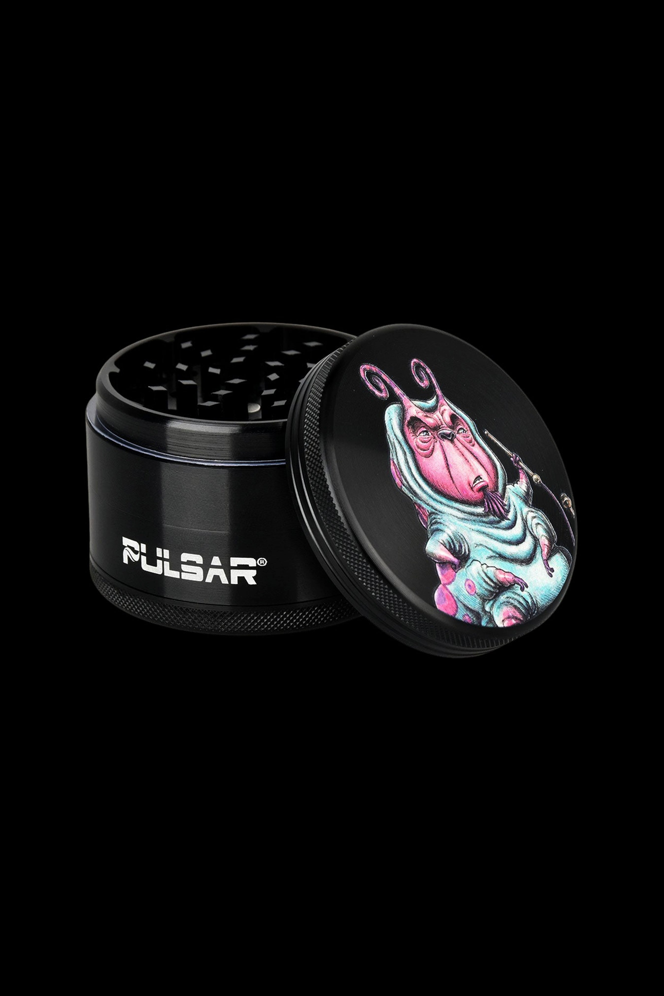 Black Pulsar grinder with a colorful, psychedelic cartoon alien design on the lid.