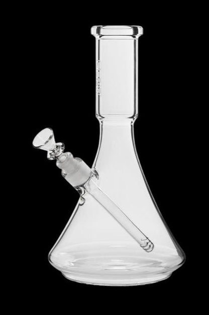 Clear glass bong with a downstem, isolated on a black background.