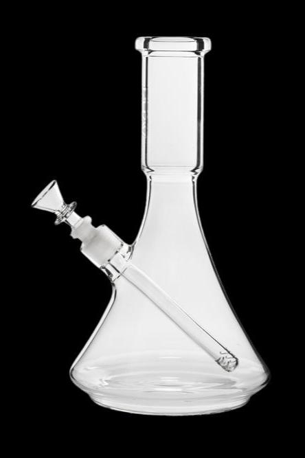 Clear glass bong with a downstem, isolated on a black background.