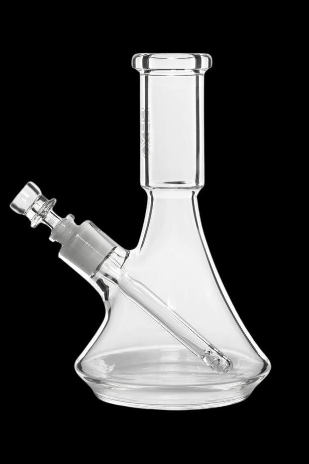 Clear glass water pipe, also known as a bong, with a downstem visible.