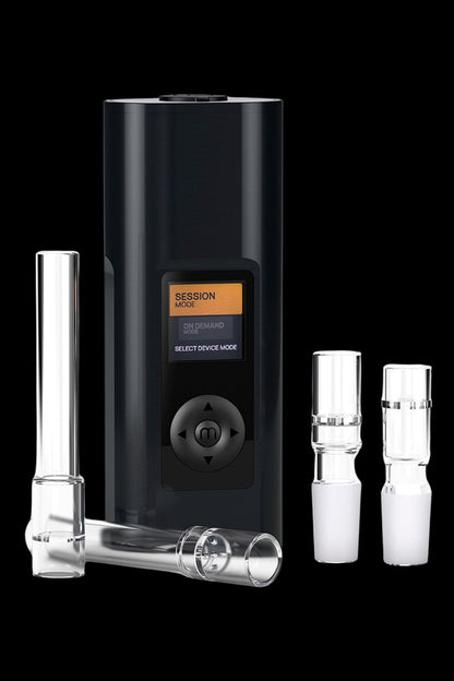 Sleek, black cannabis vaporizer with digital display and four glass attachments.