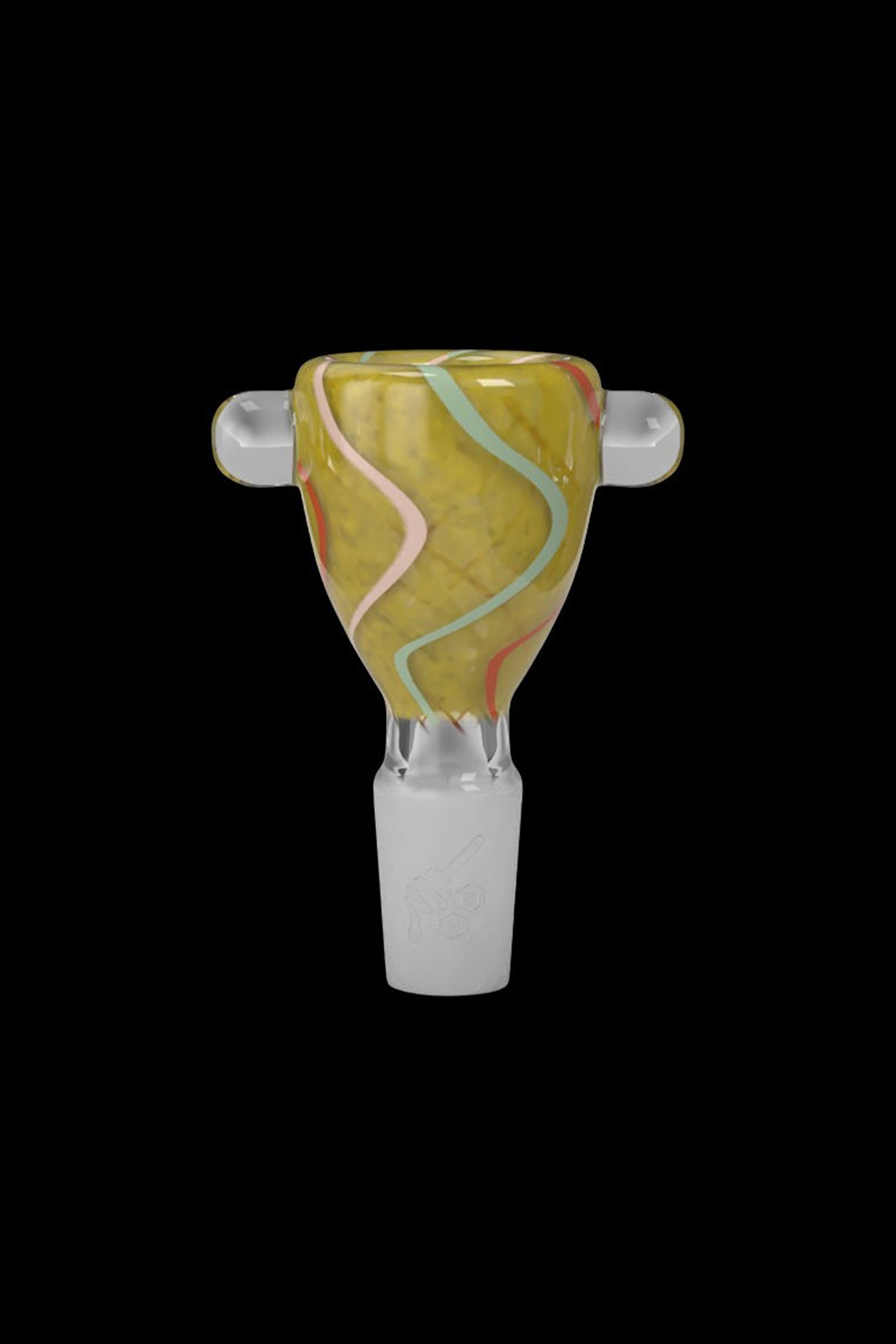 Hand-blown glass bowl for smoking, featuring swirling amber and chartreuse patterns.