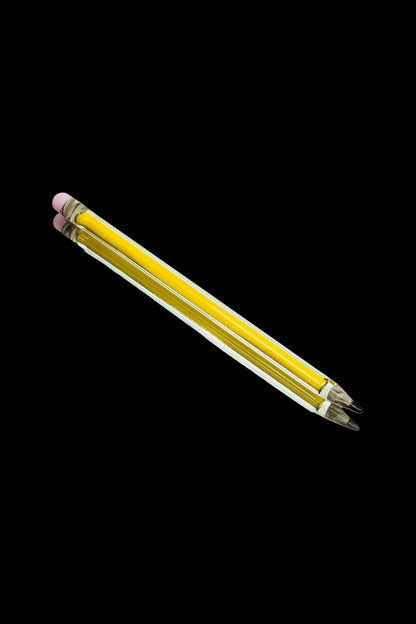 Hand-blown glass cannabis oil burner pipe on a black background.