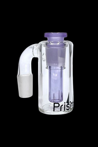 Clear glass bubbler water pipe with purple accents and "Prism" branding.