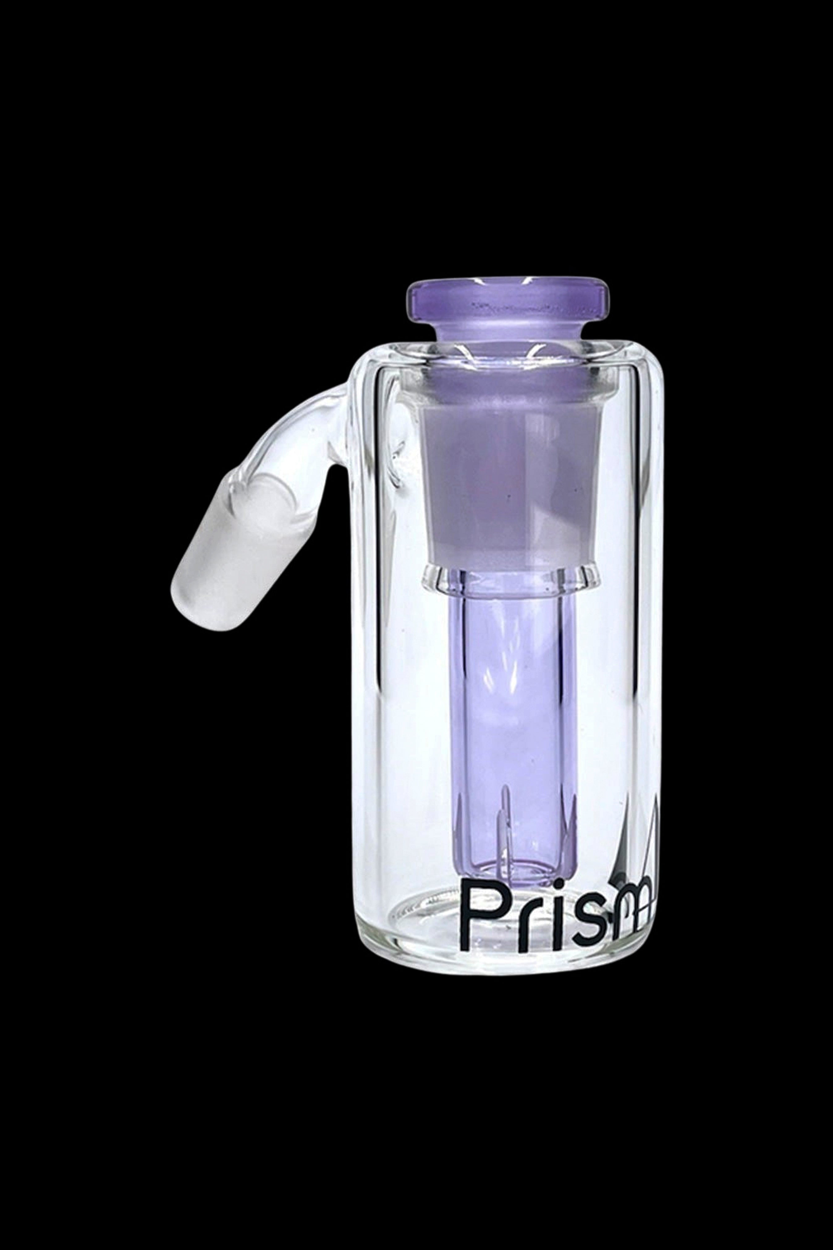 Glass bubbler water pipe with purple accents and “Prism” logo.