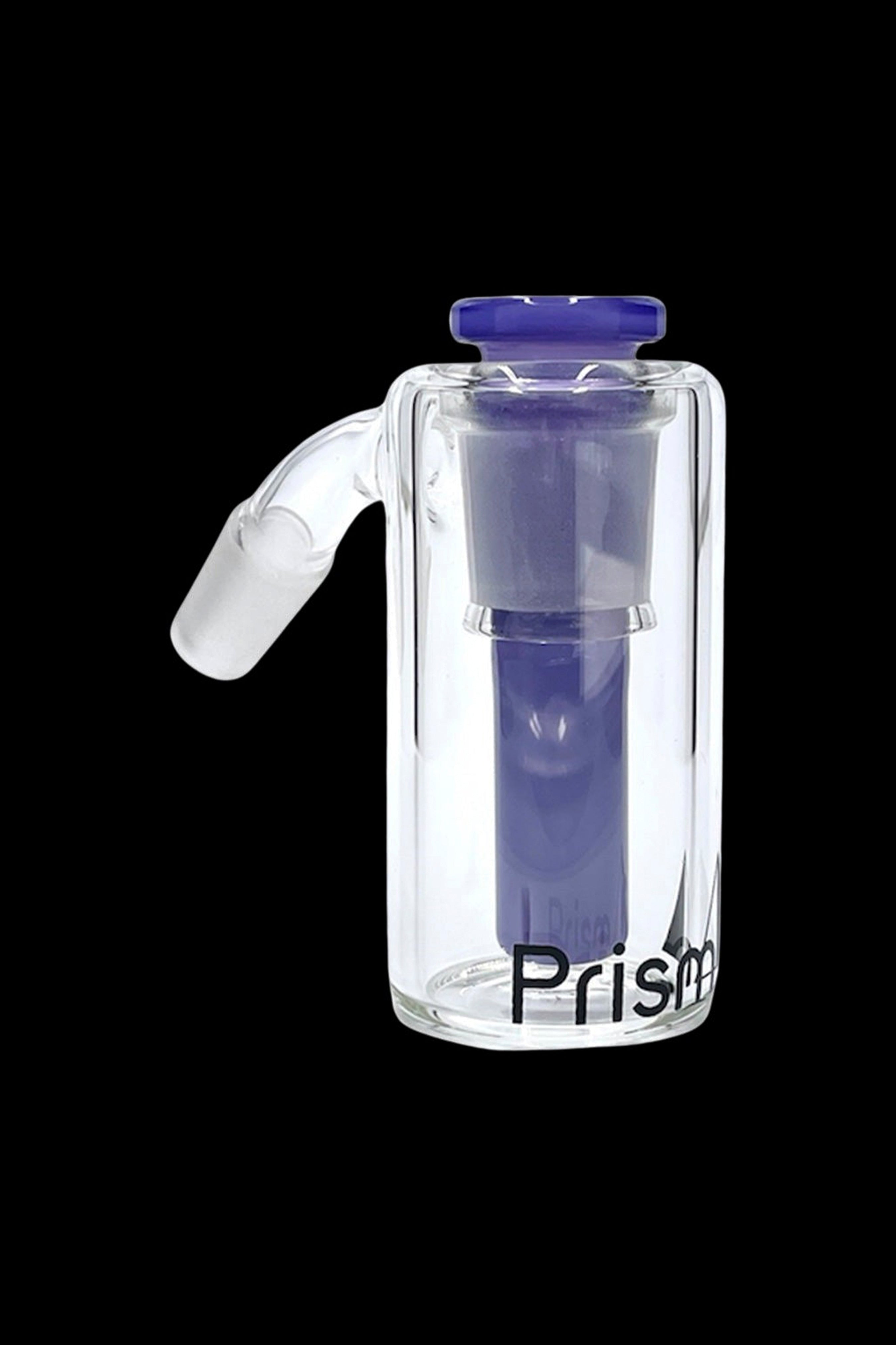 Clear glass bubbler with blue accents and a built-in filter, branded "Prism".