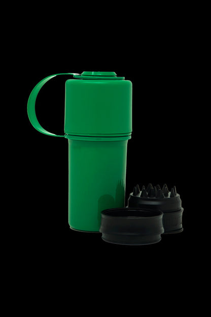 Green storage container with cannabis tool bits spilled out.