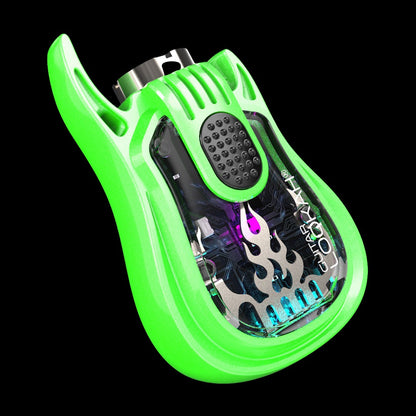 Neon green electronic dab torch with flame graphic.