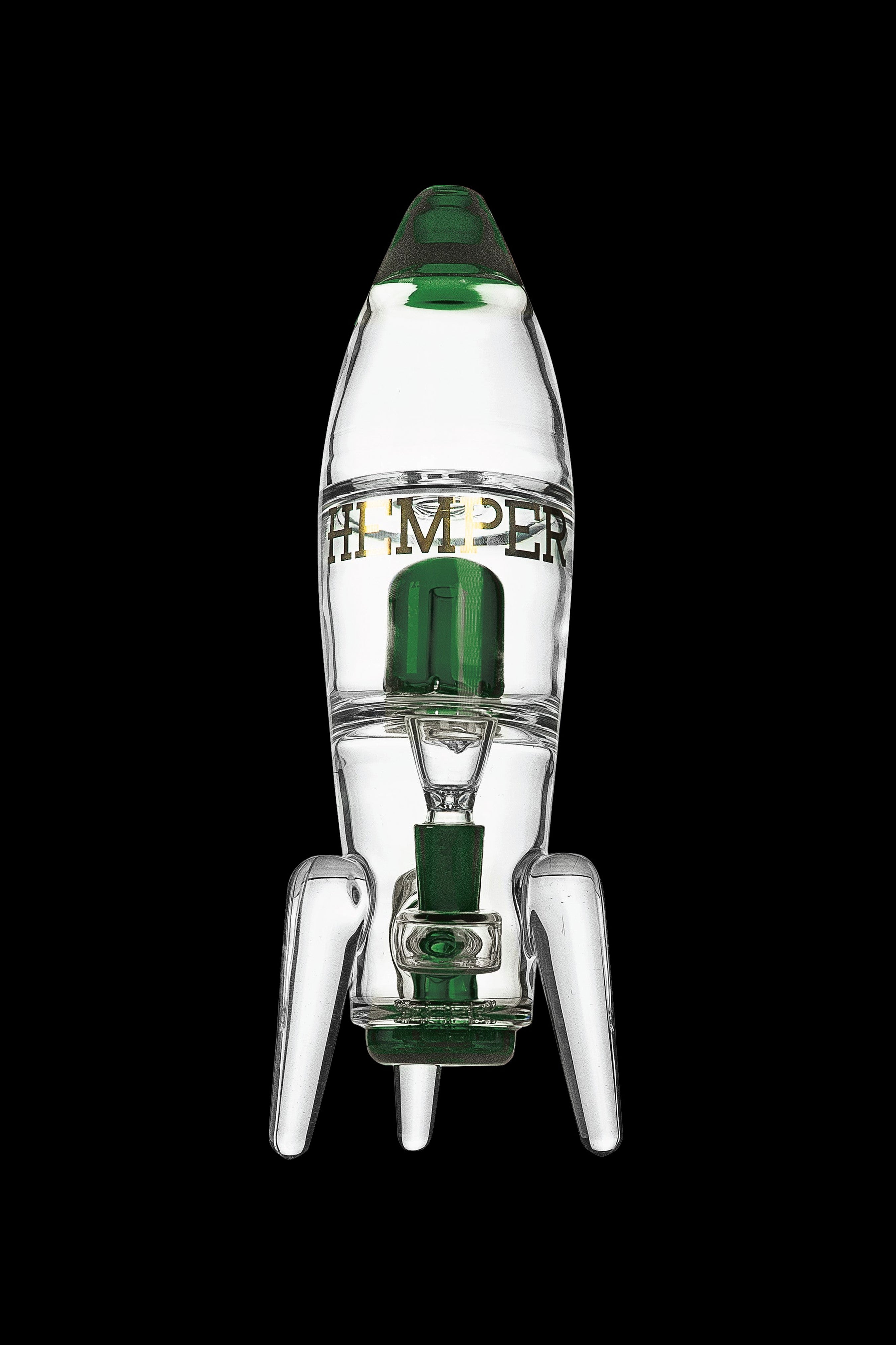 Glass rocket ship-shaped water pipe with green accents, isolated on a black background.