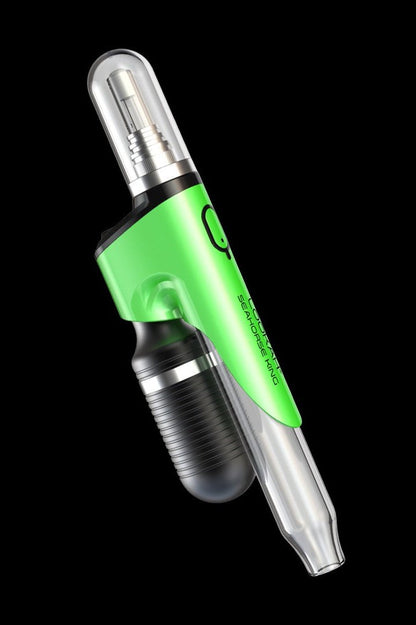 Green and silver cannabis oil vape pen with a glass mouthpiece.
