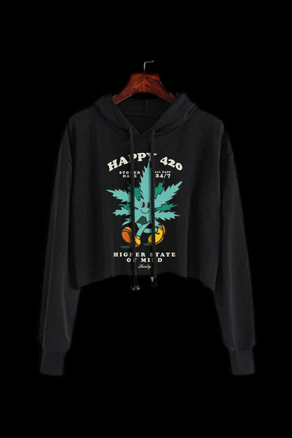 Black hooded sweatshirt featuring a cartoon cactus wearing sunglasses with a marijuana leaf as the flower, and text reading “Happy 420” and “Higher State of Mind”.