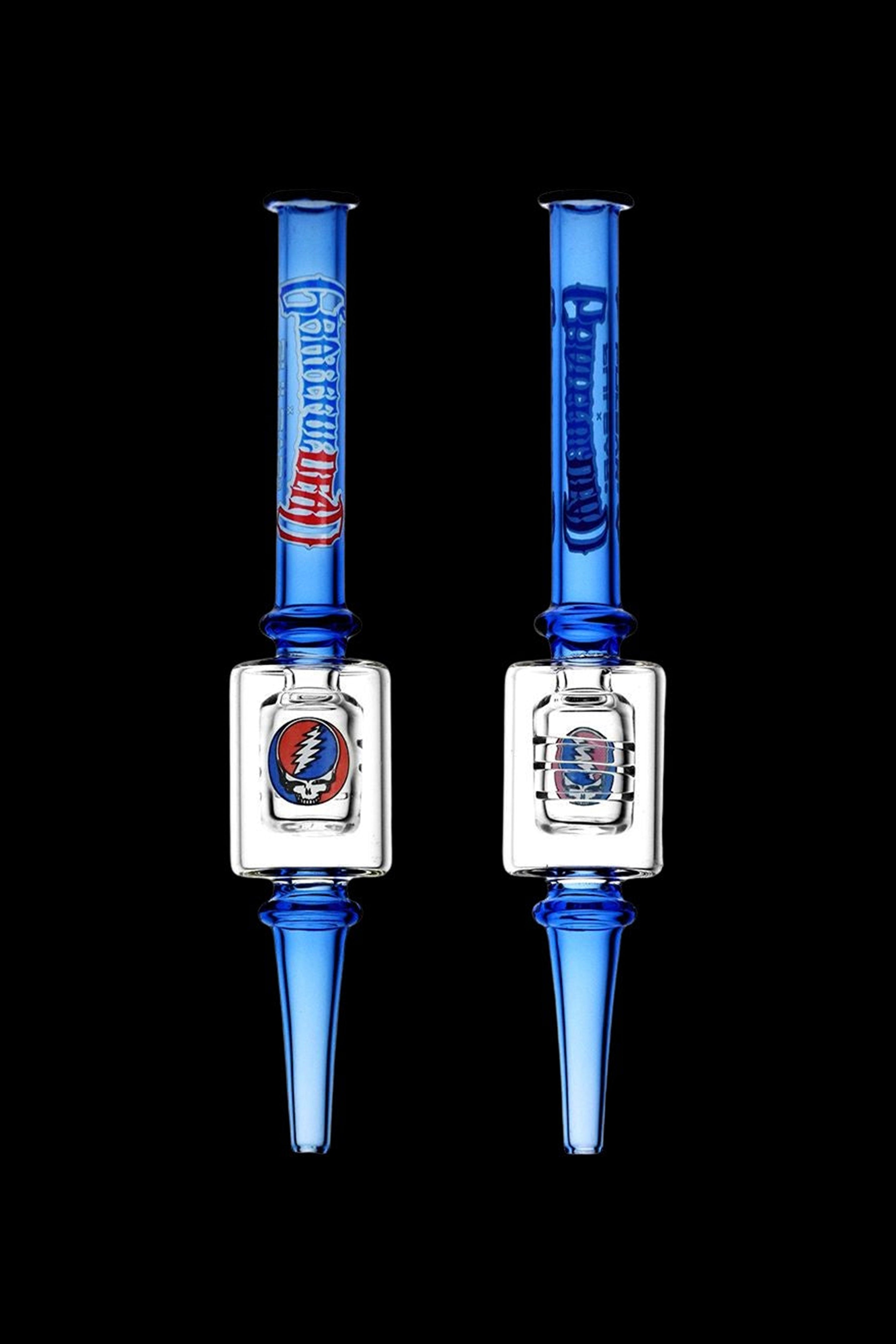 Two glass cannabis oil rigs with blue accents and Grateful Dead-themed decals against a black background.