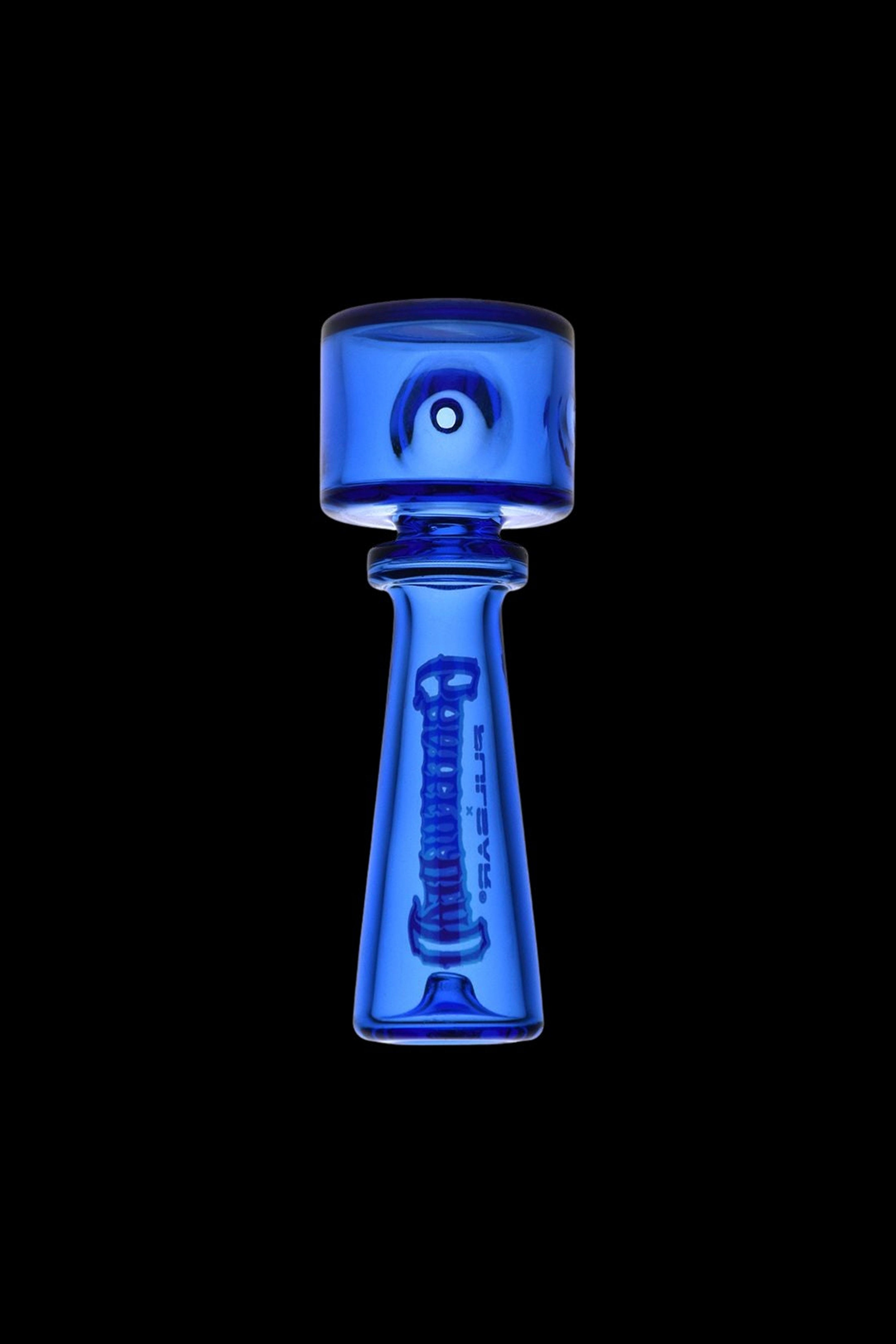 Blue glass cannabis oil burner pipe with branded text.