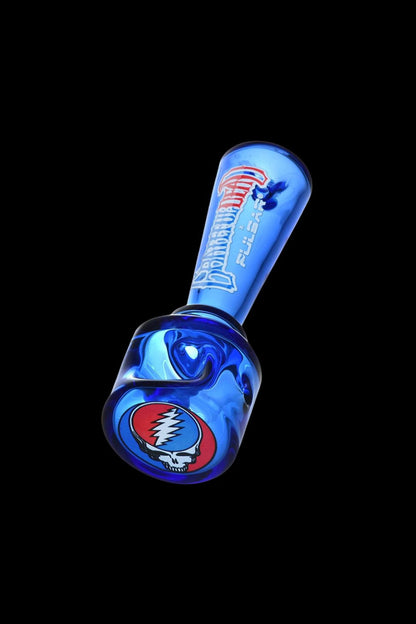 Blue glass pipe with a Grateful Dead “Steal Your Face” decal.