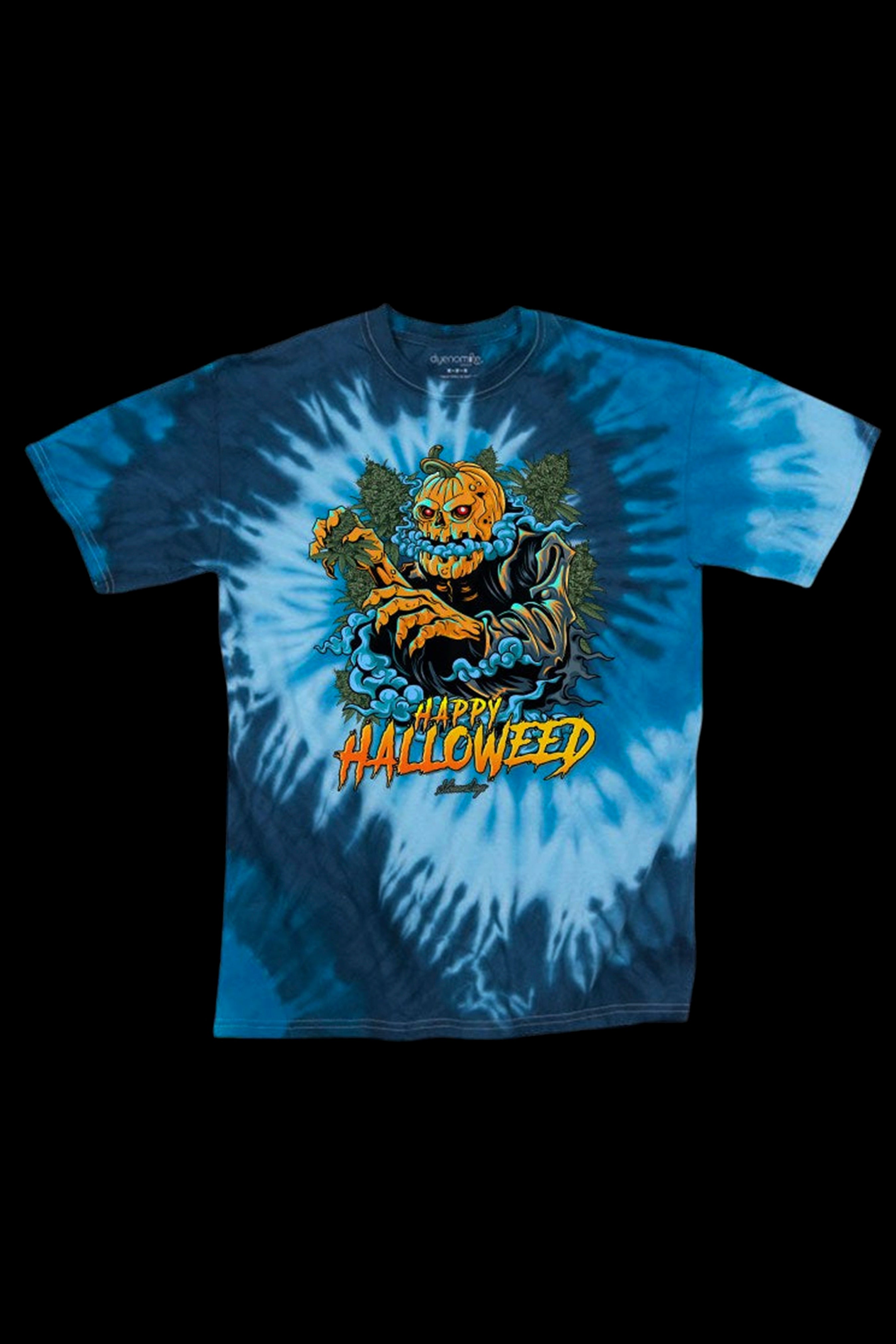 Tie-dye t-shirt with a spooky skeleton pumpkin design and ""Happy Halloweed"" text."