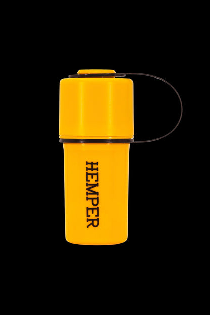 Bright yellow, waterproof container labeled “HEMPER” with a black lanyard.
