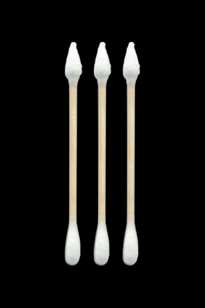 Close-up front view of three Hemper Tech Cotton Buds 200ct wooden swabs with white cotton tips against a solid black background