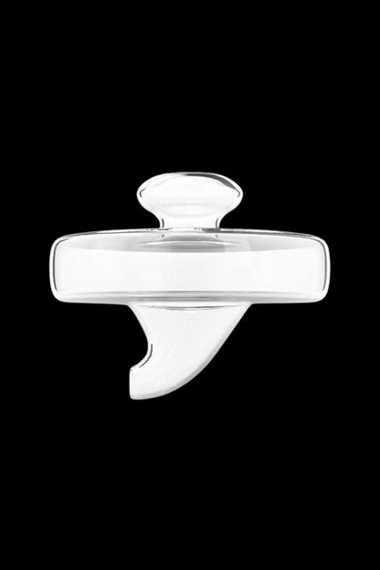 Close-up front view of the Honeybee Herb Honey Topper Carb Cap showing its clear glass rounded top and angled handle against a black background.