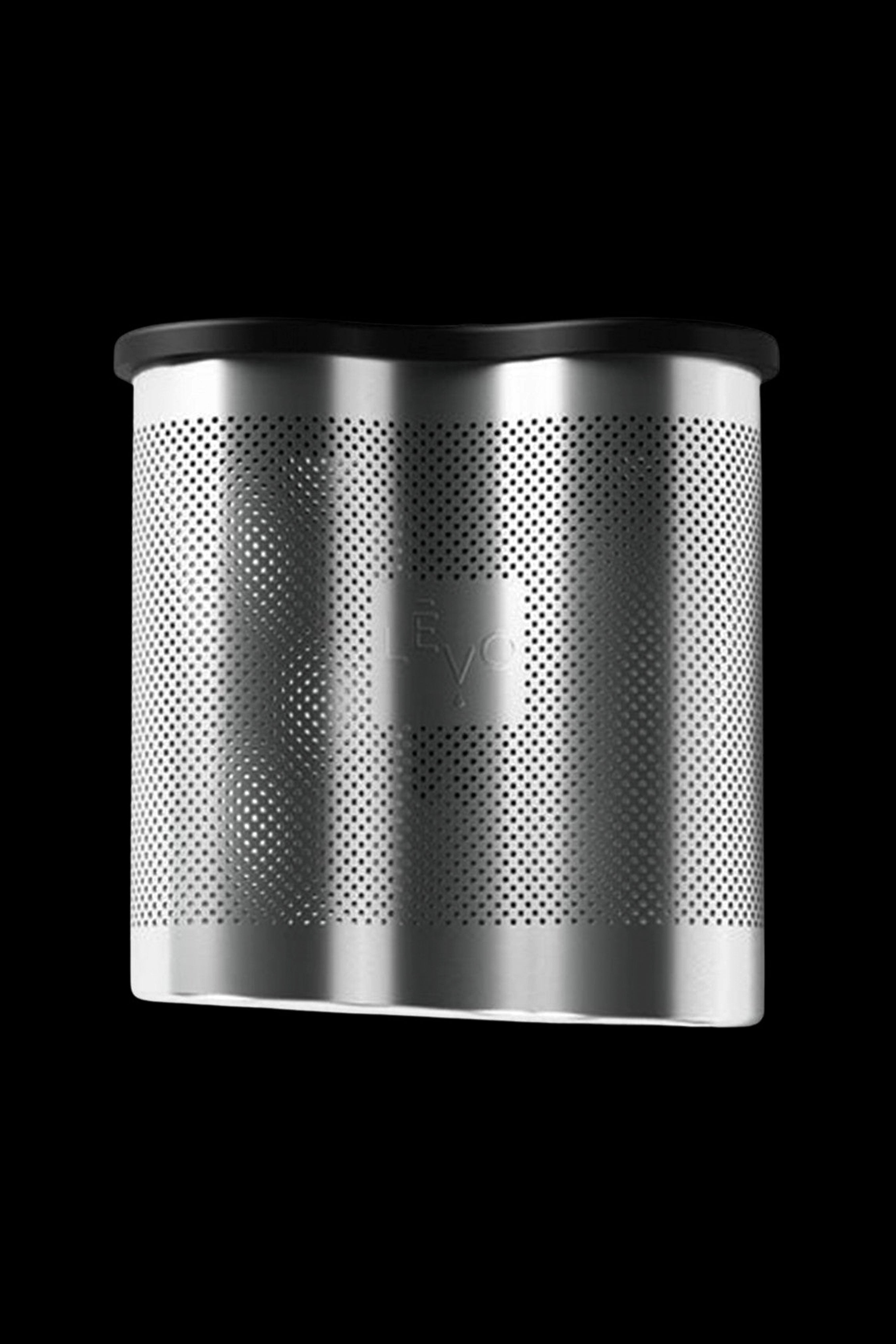 Silver cannabis oil concentrate vaporizer coil with perforated sides, isolated on a black background.