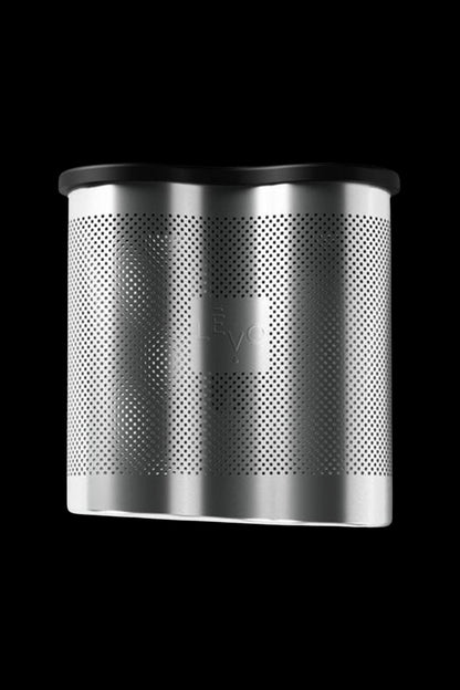 Silver cannabis oil concentrate vaporizer coil with perforated sides, isolated on a black background.