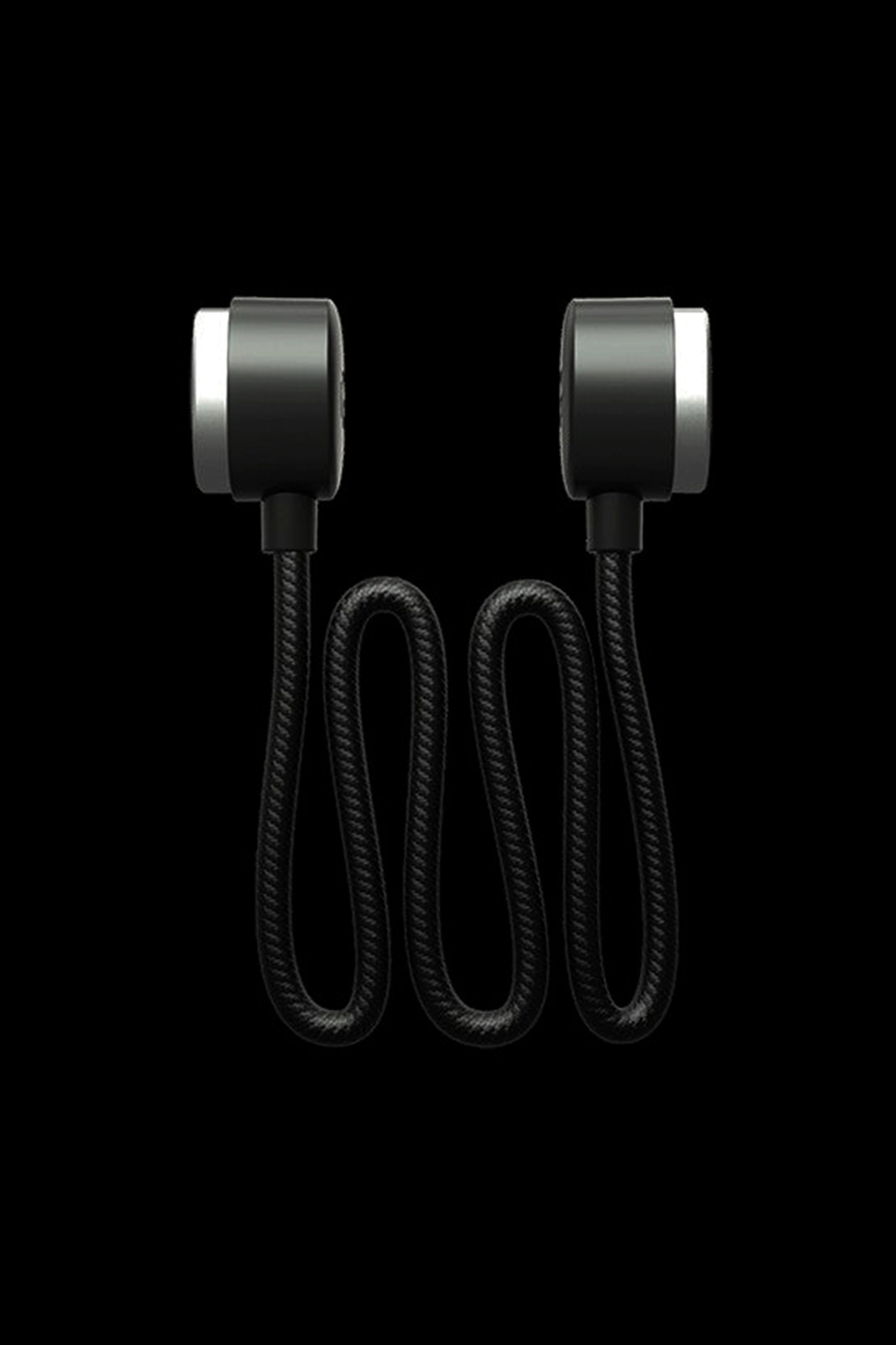 Black cannabis oil vape pen with coiled rope-style cord.