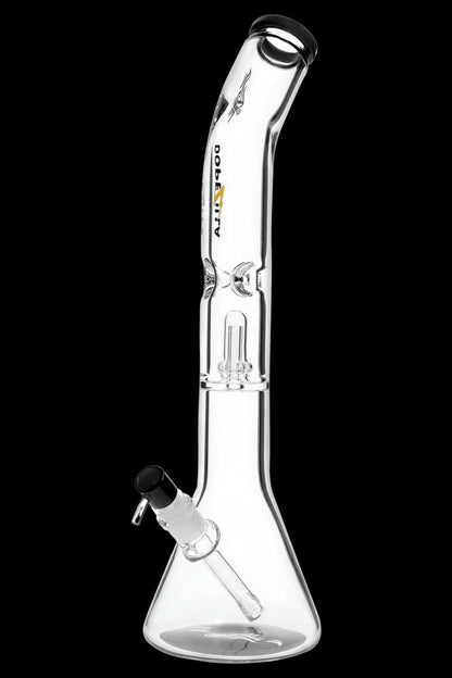 Tall front view of the clear Dopezilla Titans Promethus Bong with a beaker base, angled neck, visible percolator and black mouthpiece against a black background