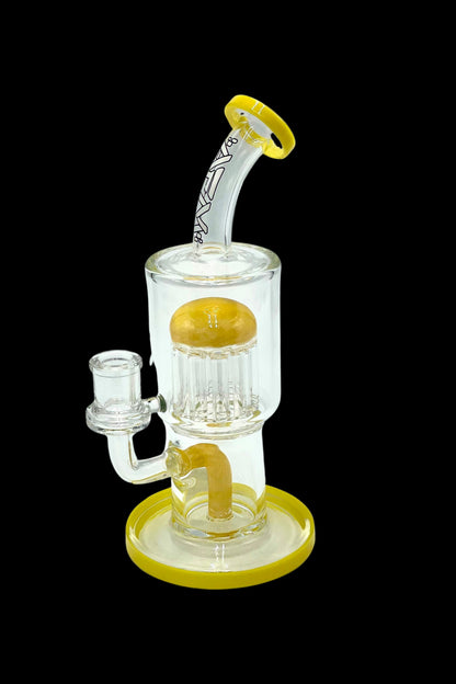 Yellow and clear glass bubbler water pipe for cannabis use.