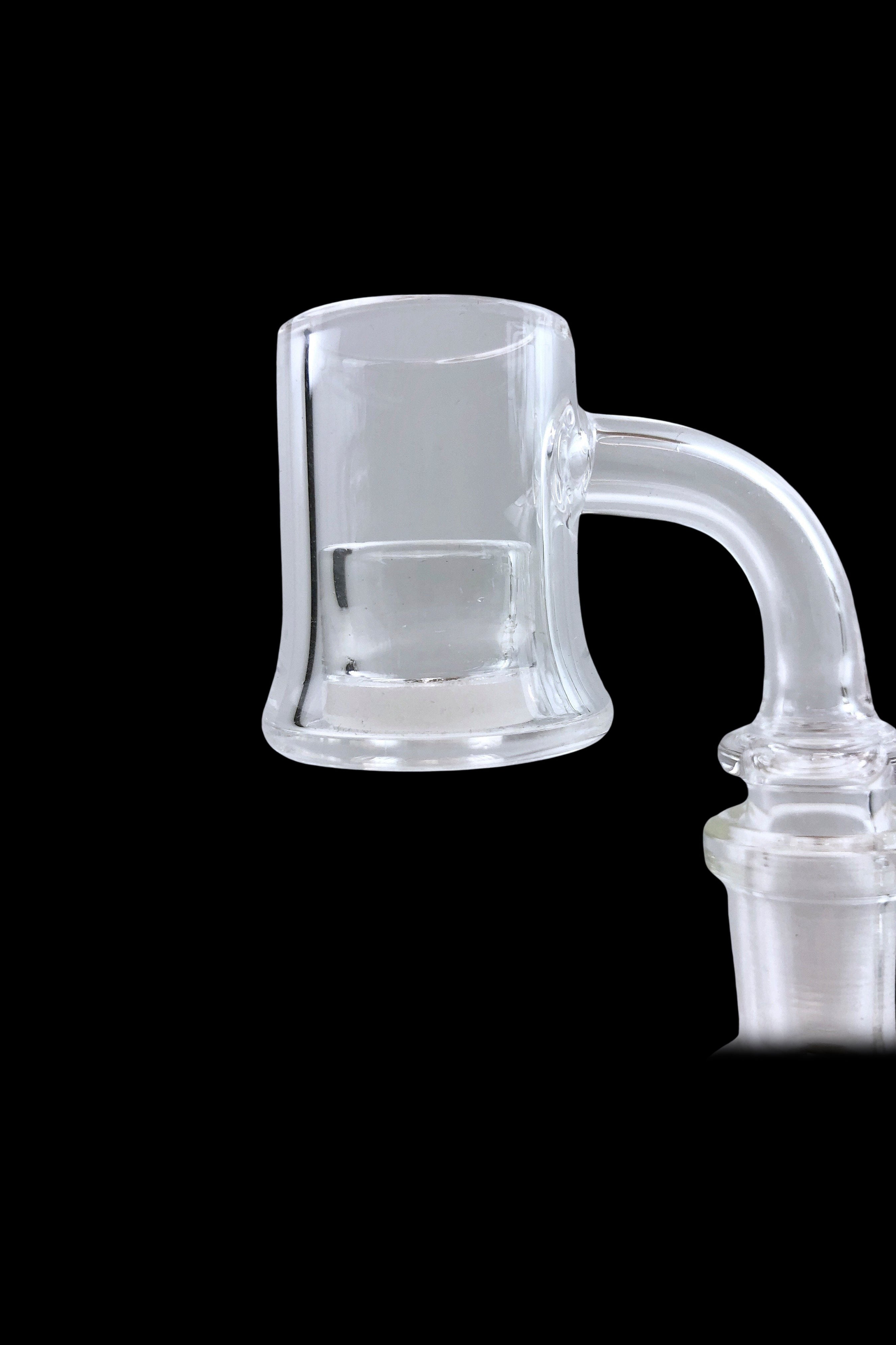 Clear quartz dab rig nail with a curved neck and flared cup, isolated on a black background.