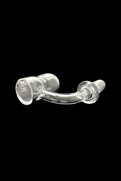Clear glass dab rig with bubbles and curved mouthpiece, isolated on a black background.