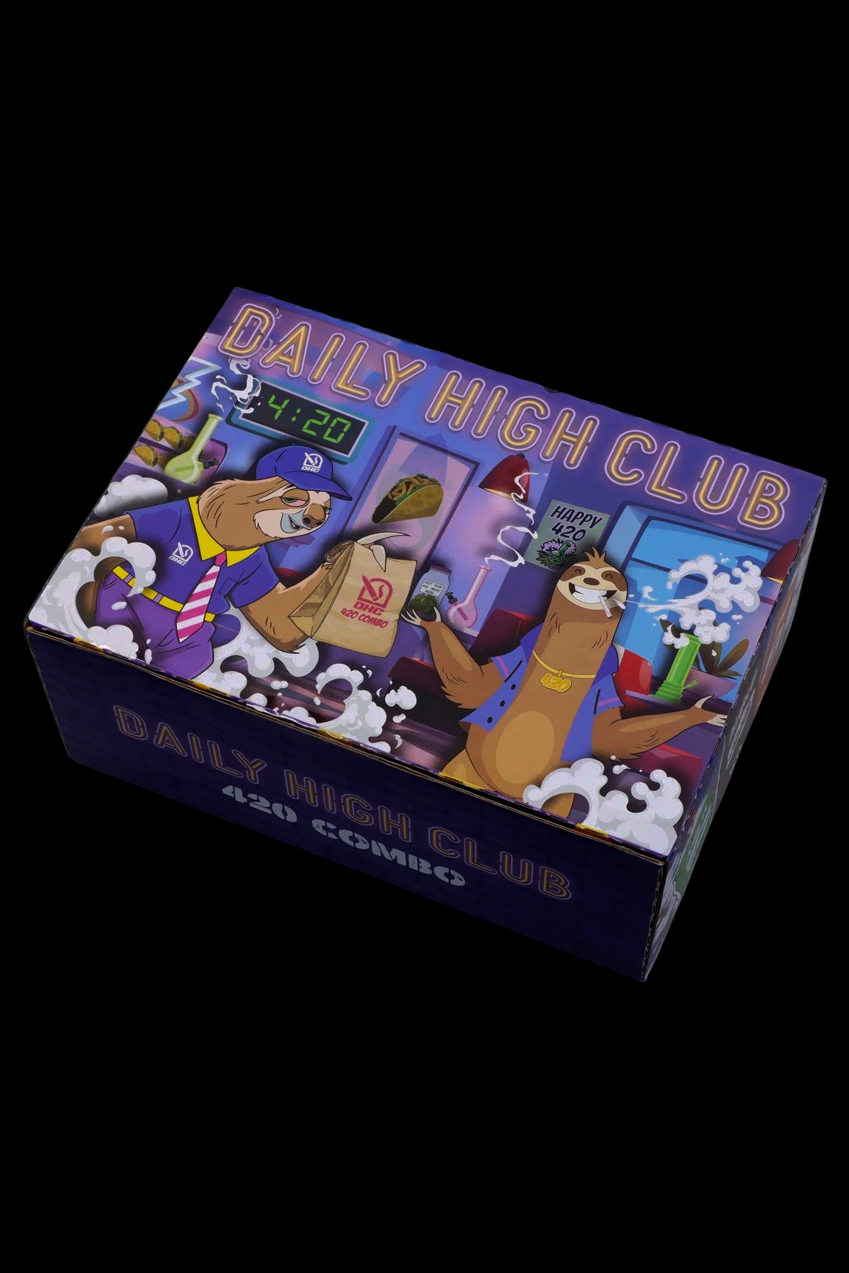 A square, colorful box labeled “Daily High Club 420 Box” featuring cartoon llamas and cannabis-themed imagery, including a digital clock displaying “4:20” and a “Do Not Smoke” sign with crossed-out cigarettes.