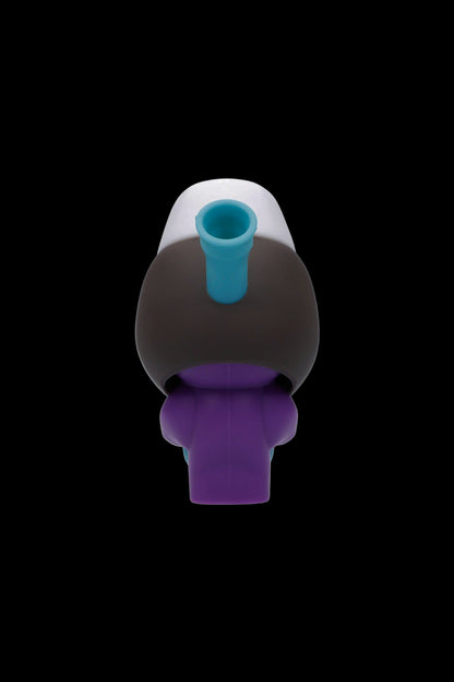 A colorful glass cannabis water pipe with a unique, rounded shape and blue mouthpiece, isolated on a black background.