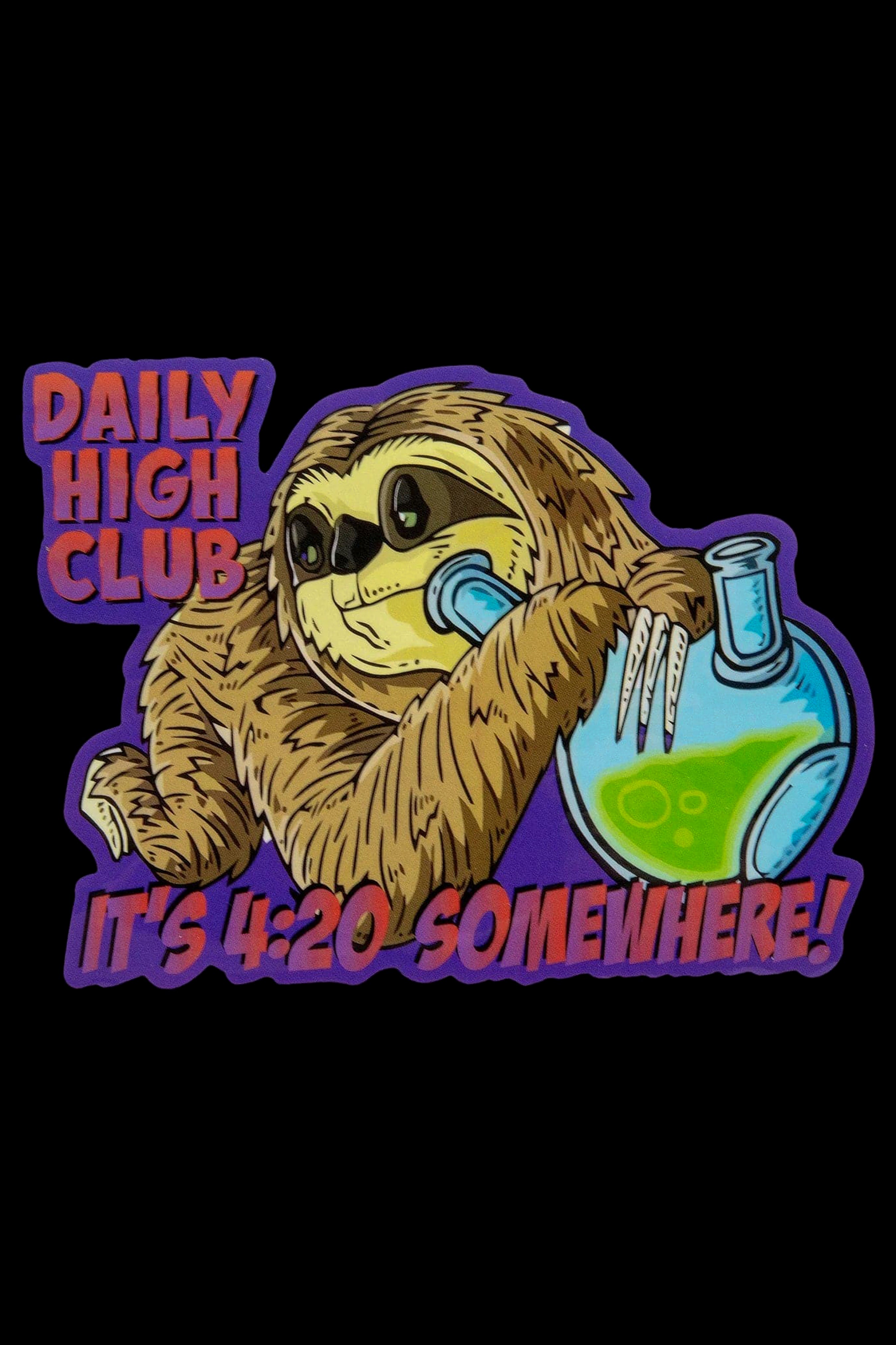 Cartoon sloth holding a bubbling green flask with text “Daily High Club” and “It’s 4:20 Somewhere!”.