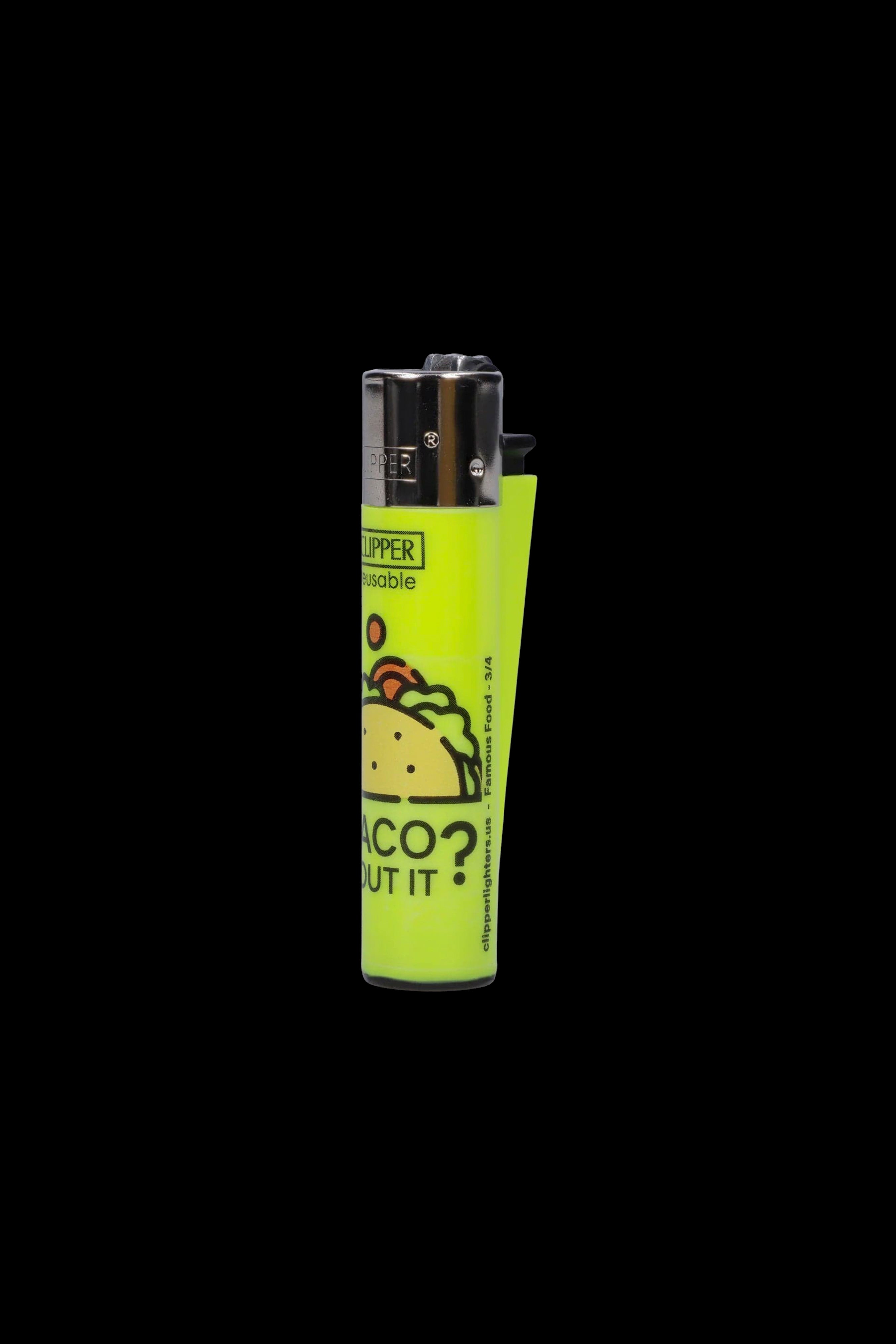 A yellow Bic lighter with a cartoon taco graphic, commonly associated with cannabis culture.