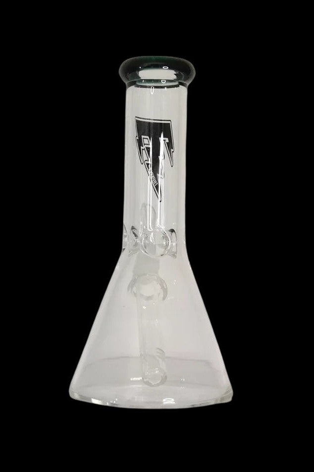 Clear glass beaker with ice catch and graphic design, isolated on black.