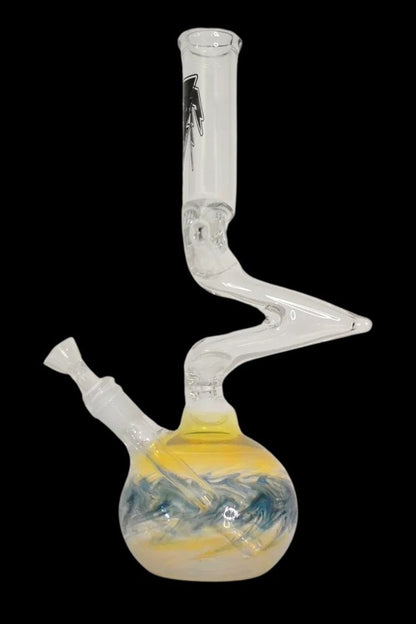Glass water pipe with swirling yellow and blue liquid inside.