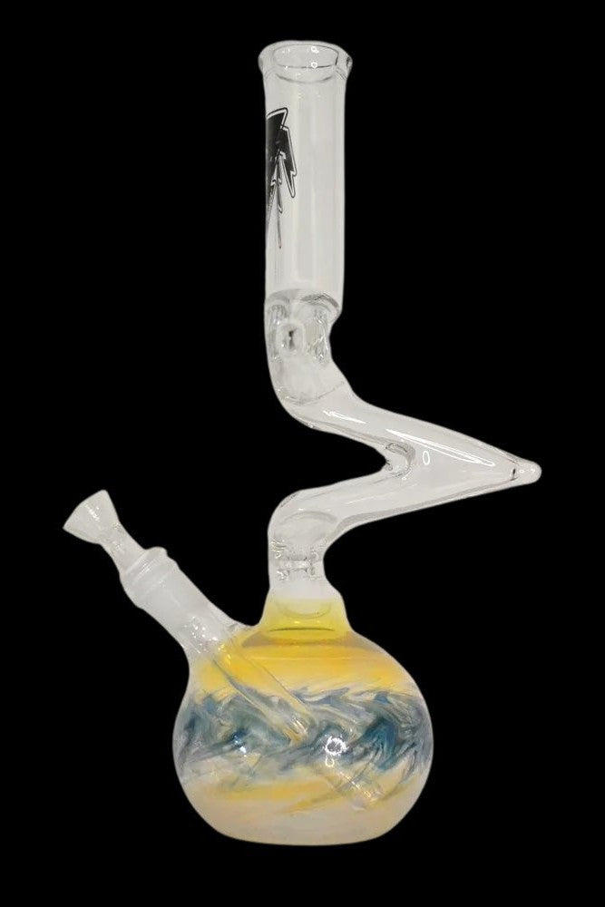 Glass water pipe with swirling yellow and blue liquid inside.