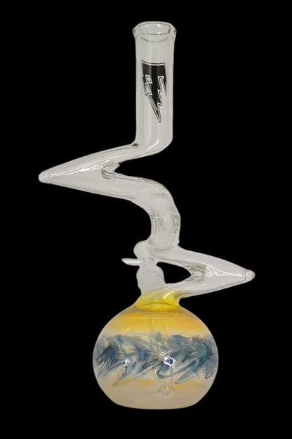 Glass water pipe with swirling amber and blue base.