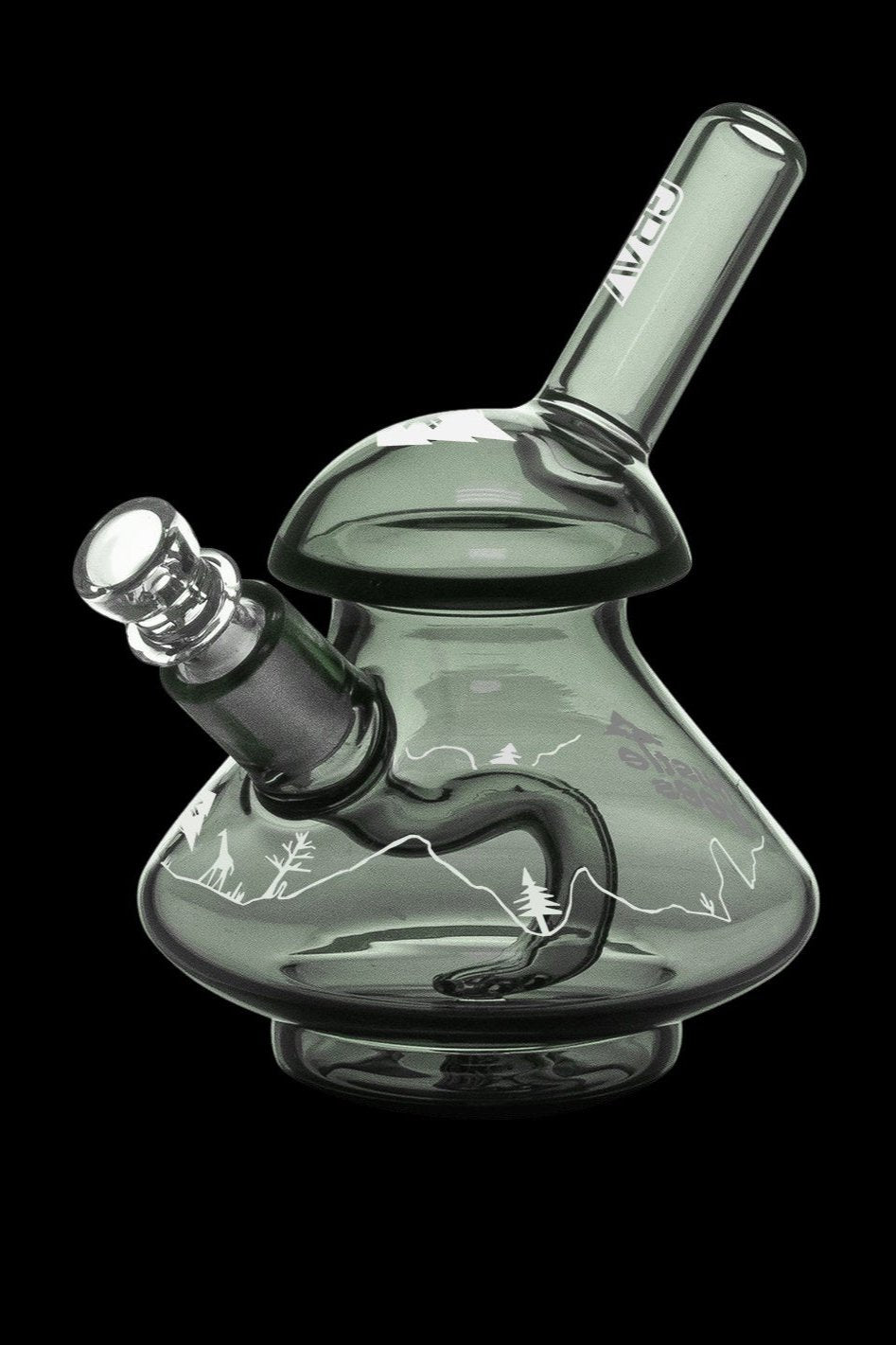 Green glass water pipe with etched mountain and forest landscape design.