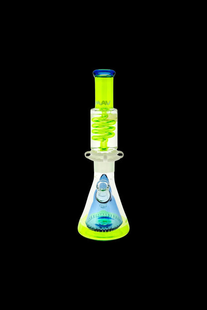 Green and blue glass water pipe (bong) against a black background.