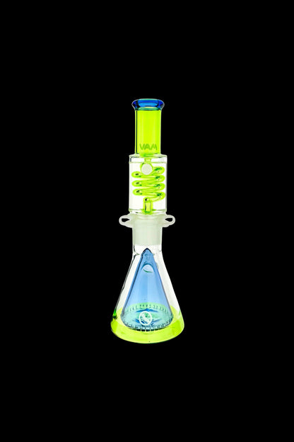 Green and blue glass water pipe with intricate design.