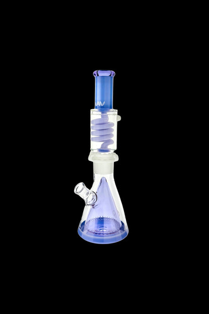 Purple glass bong with percolator, isolated on a black background.